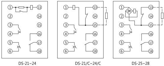 DS-23時間繼電器內部接線及外引接線圖(正視圖)