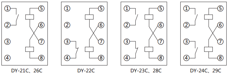 DY-21C～25C/60C電壓繼電器內部接線圖