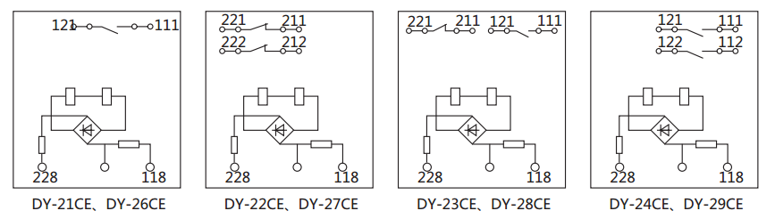 DY-21CE～24CE/C電壓繼電器內部接線及外引接線圖
