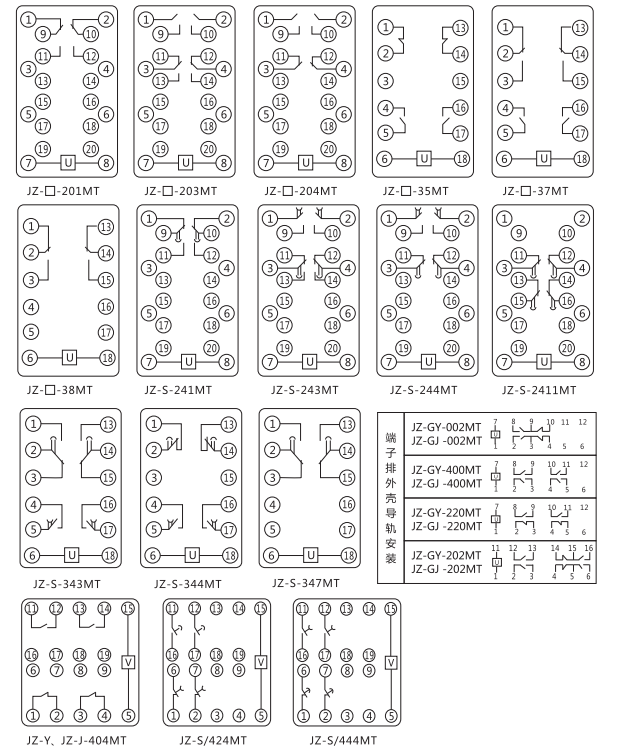 JZ-Y-404MT跳位、合位、電源監視中間繼電器內部接線圖