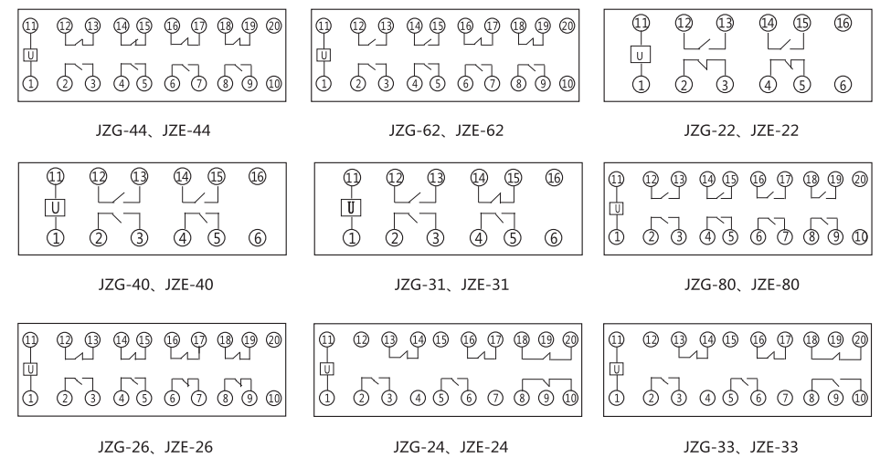 JZE-62卡軌式靜態中間繼電器內部端子外引接線圖