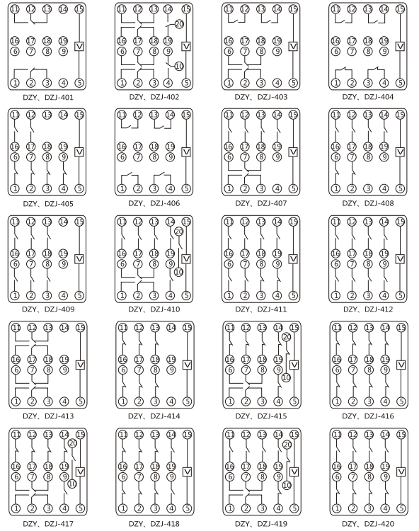 DZY（J)-401導軌式中間繼電器內部端子外引接線圖(正視)
